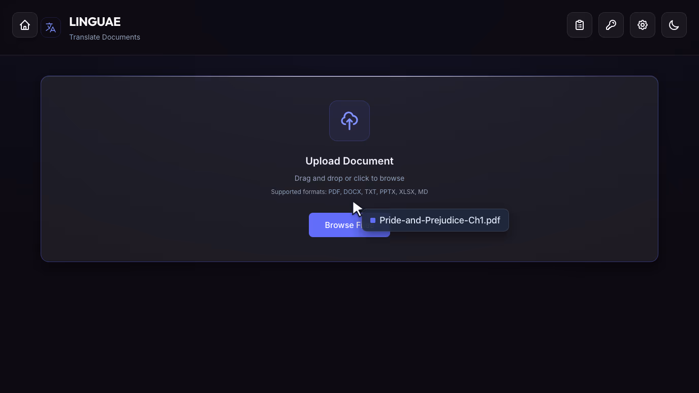 Linguae's upload screen: a PDF is dragged onto the drop area.